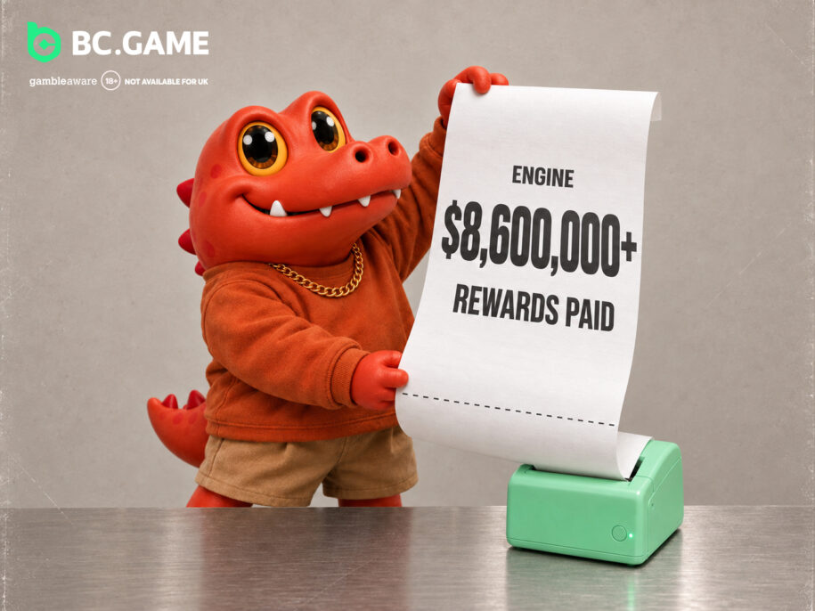Cartoon dinosaur in orange holds a paper showing "$8,600,000+ rewards paid" from a green printer. BC.Game logo visible.