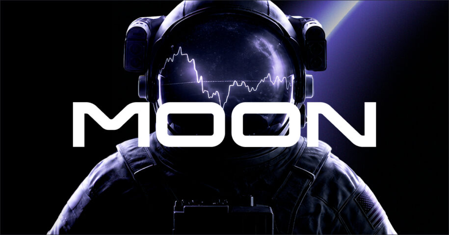 Astronaut with a graph reflection on helmet visor, "MOON" text overlay, dark background, and a hint of space.