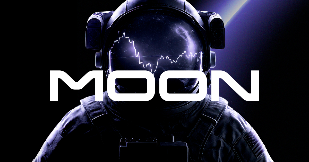 Astronaut with a graph reflection on helmet visor, "MOON" text overlay, dark background, and a hint of space.